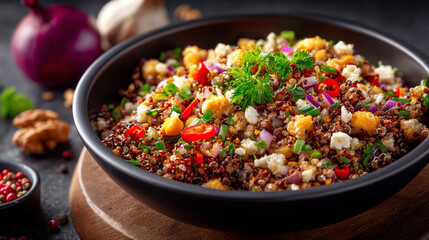 Healthy Mediterranean Quinoa Salad with Vegetables, Feta Cheese and Fresh Herbs in a Dark Bowl, Gourmet Food Photography