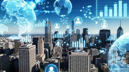 Global digital network connections over cityscape skyscrapers - Powered by Adobe