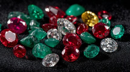 A dazzling assortment of polished and raw precious gemstones including diamonds, rubies, and emeralds.