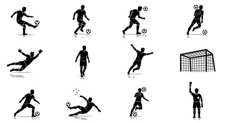 Black silhouettes of soccer players in various actions on white background