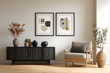 modern living room interior with abstract art and decorative elements