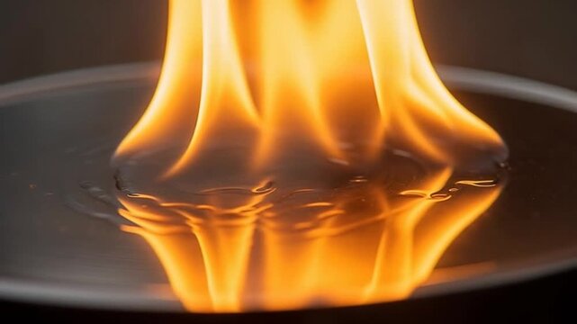Burning Flame Reflection: An eye-level shot captures a vibrant flame dancing above a reflective surface, emphasizing the play of light and the raw power of fire. 