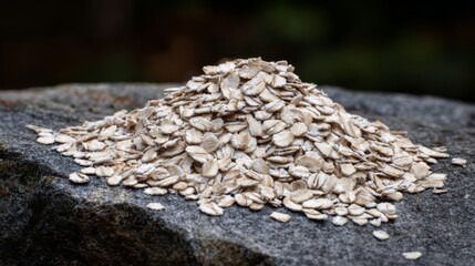 A generous pile of unprocessed rolled oats scattered across a rough stone surface, showcasing natural texture.