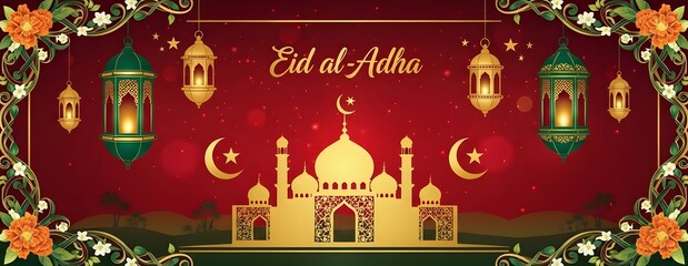 Elegant Eid al-Adha Banner Template Design with Lanterns and Mosque