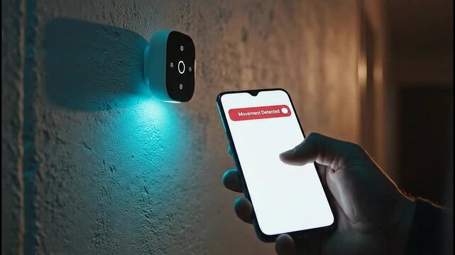 Person holding smartphone receiving motion alert from smart home security camera at night