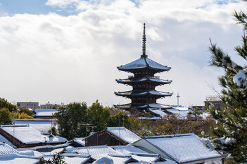 Yasaka Pagoda with snow in winter. Beautiful landscape of Kyoto, Japan.