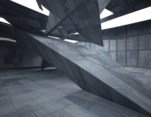 Abstract interior of geometric shapes in cold tones, with light sources on the ceiling