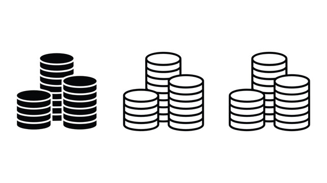Three stacks of coins in black and white outline and solid fill variations money finance