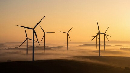 Obraz premium Beautiful sunrise scene with wind turbines symbolizing clean energy, sustainability and the future of renewable power.