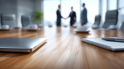 A lively workshop meeting takes place in a sleek conference room as participants exchange ideas and build connections over notebooks and laptops
