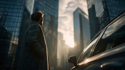 Urban contemplation: A person stands next to car in the heart of a bustling metropolis, gazing towards skyscrapers.