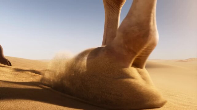 Slow motion close-up of camel feet sinking into golden desert sand with dust clouds under clear blue sky footage
