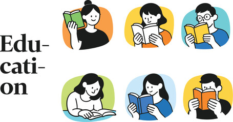 Naklejka premium Students Reading Books Cartoon Illustration Education Learning Concept White Background