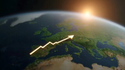 A glowing arrow graph shows upward growth across the Earth s surface with a sunrise in the background