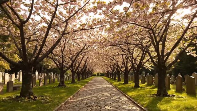 Blooming cherry trees line a cobblestone path through a serene cemetery.