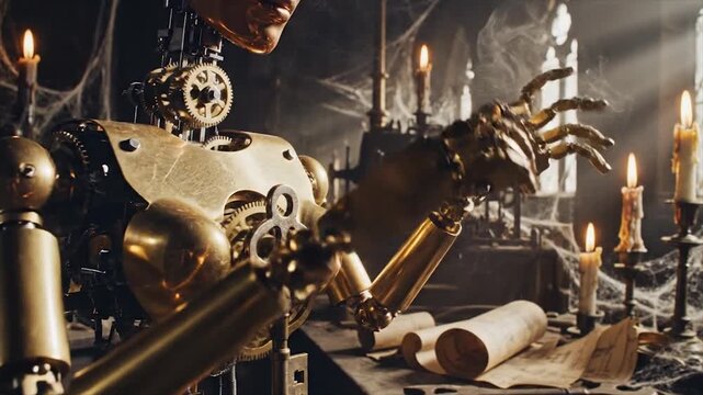 Steampunk automaton robot writing on a desk with candles and scrolls.