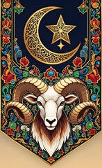 Ram with Crescent Moon and Star Banner Template Design