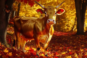 A glossy golden cow standing proudly in an autumnal forest, surrounded by fallen leaves of red, orange, and yellow. The golden hue glistens in the soft sunlight filtering through the trees.