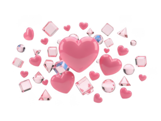 Pink hearts and gems isolated on transparent background