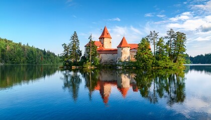 Obraz premium idyllic island castle with red roof reflected in calm lake