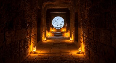 Dark stone tunnel corridor illuminated by oil lanterns in Derink