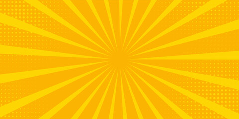 Fototapeta premium Abstract orange comic background. Art pop cartoon backdrop. Halftone effect pattern. Fun anime texture. Starburst manga style bg. Mark popart radial gradient. Spiral, swirl, comic rays.