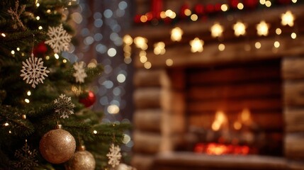 A Christmas Tree with Balls in the Foreground and Snowflake Symbols. Fireplace. Red Lights and a Bright Garland with Stars. Light Wooden Background 