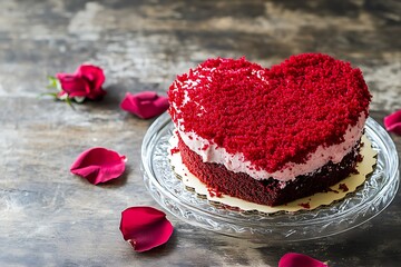 Beautifully decorated red velvet heart cake on a glass platter with rose petals scattered around 
