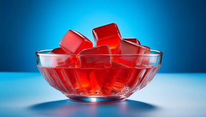red jelly cubes in a clear glass bowl with blue background