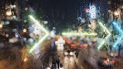 Bright directional neon arrows moving swiftly across a foggy glass surface, diffused glow, urban night vibe, futuristic signage concept, smooth motion background