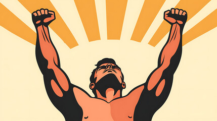 Illustration of a triumphant individual with arms raised against a backdrop of radiant light. This image conveys themes of success, achievement, and inner strength.