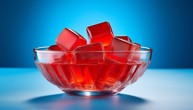 red jelly cubes in a clear glass bowl with blue background