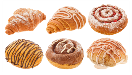 Set of Six Assorted Gourmet Pastries and Croissants Isolated on Black Background