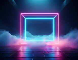 glowing neon square frame in ethereal fog and clouds