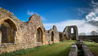 medieval stone wall with arches adjoining boxgrove priory church showing historic flintwork and ruins
