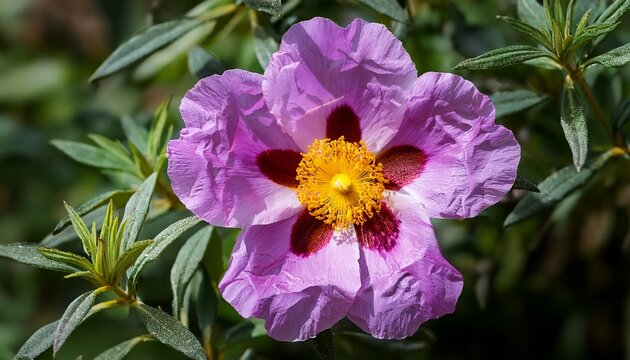 cistus t purpureus alan fradd is a rockrose cultivar with tissue thin petals maroon blotches and golden centre