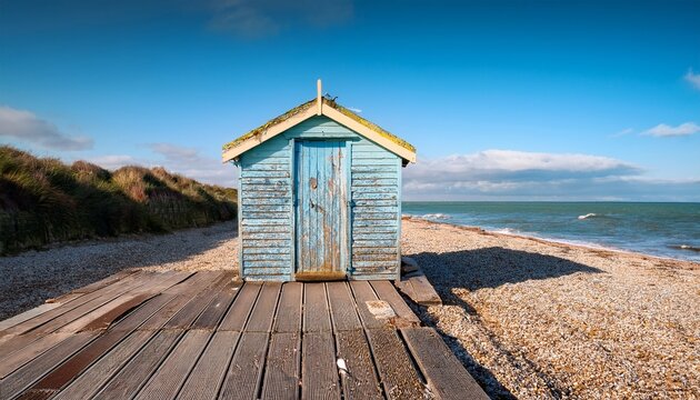 weathered wooden beach hut with peeling paint near sandown on the isle of wight coast