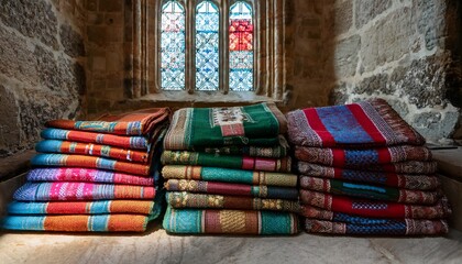 stack of colorful embroidered church kneelers hassocks resting against a historic stone wall in a quiet priory church interior