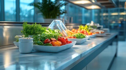 Fresh salad bar with assorted vegetables on a marble counter in a modern restaurant.