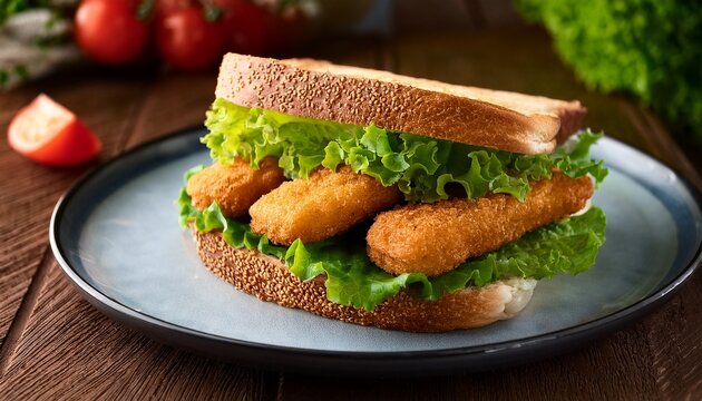 sandwich with battered fish fingers and lettuce served on plate on wooden table selective focus