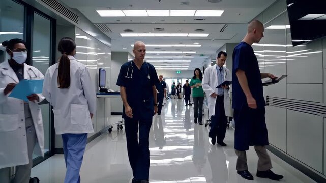 Busy hospital corridor with doctors and nurses walking, modern medical facility, professional healthcare workers, clean shiny floor, bright white lights