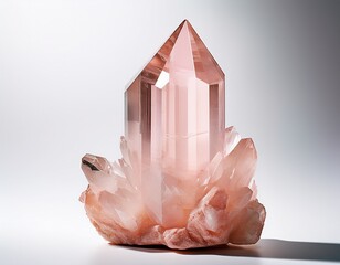 a clear rose quartz crystal displayed against a white background