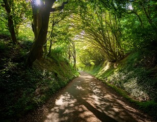 sunken lane creating a tree tunnel with dappled sunlight on a woodland track in summer