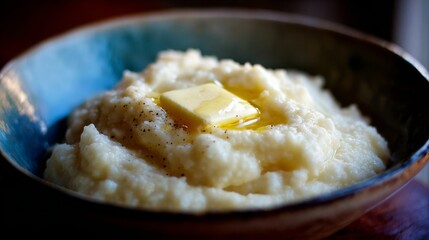 A Hearty Portion of Creamy Smooth Grits Served in a Bowl with Melted Butter and Pepper