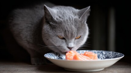 A plush British Shorthair cat intently eating a fresh piece of salmon from a decorative bowl