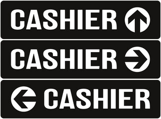 three signs indicating the way to the cashier