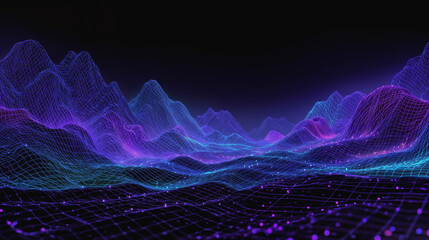 Vibrant Neon Waves Create a Futuristic 3D Grid Landscape with Holographic Mountain Range in Dark Digital World