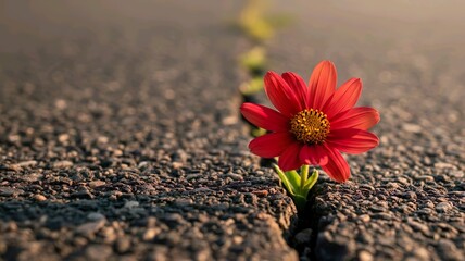 Red Flower Growing Through Cracked Asphalt Pavement &ndash; Concept of Resilience and Strength