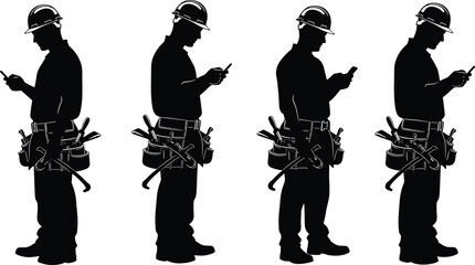 Black and white silhouette of construction workers with hard hats and tool belts using mobile phones, representing digital industrial technology, communication.