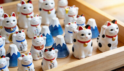 Collection of Maneki Neko Figurines on Wooden Tray.